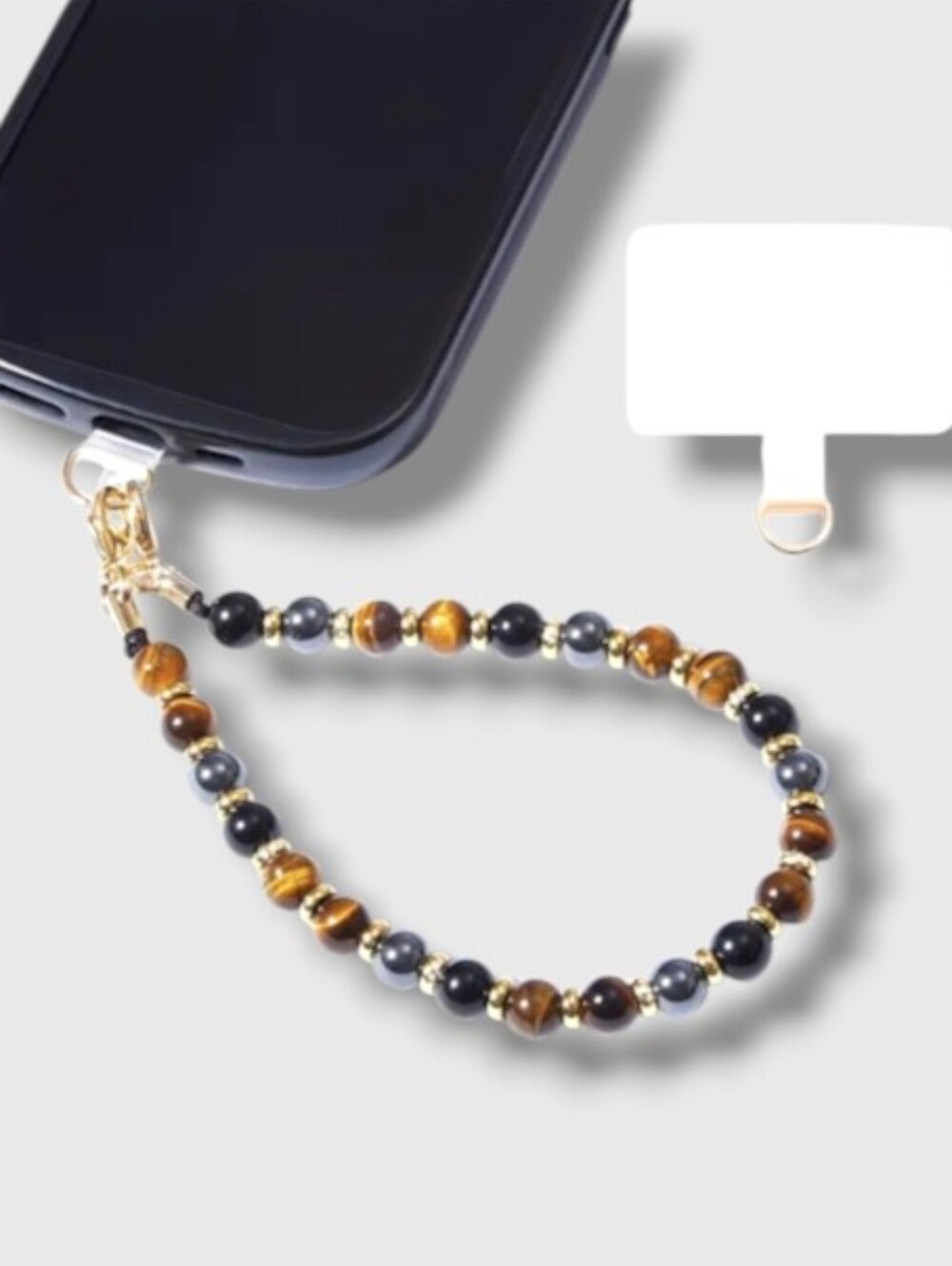 New! Real Tigers Eye & Obsidian Beaded Phone Wristlet Charm • NWOT #1085